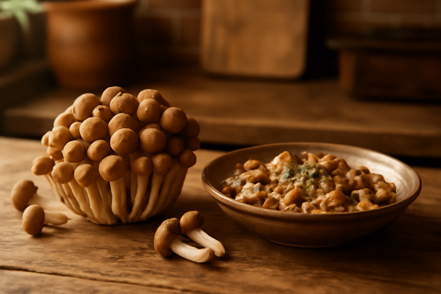 A cluster of brown mushrooms sits beside a ceramic bowl of savory stew on a rustic wooden table, conveying a warm and cozy kitchen vibe.