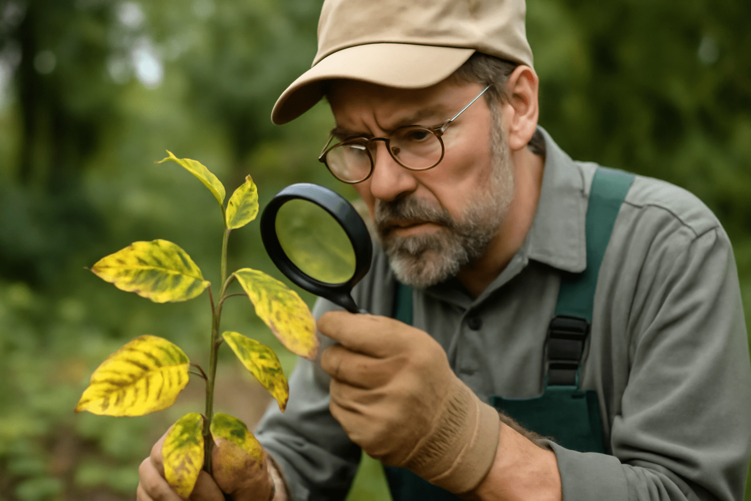 A man with glasses and a cap examines yellowed leaves on a small plant using a magnifying glass, conveying a tone of focused curiosity in a garden setting.