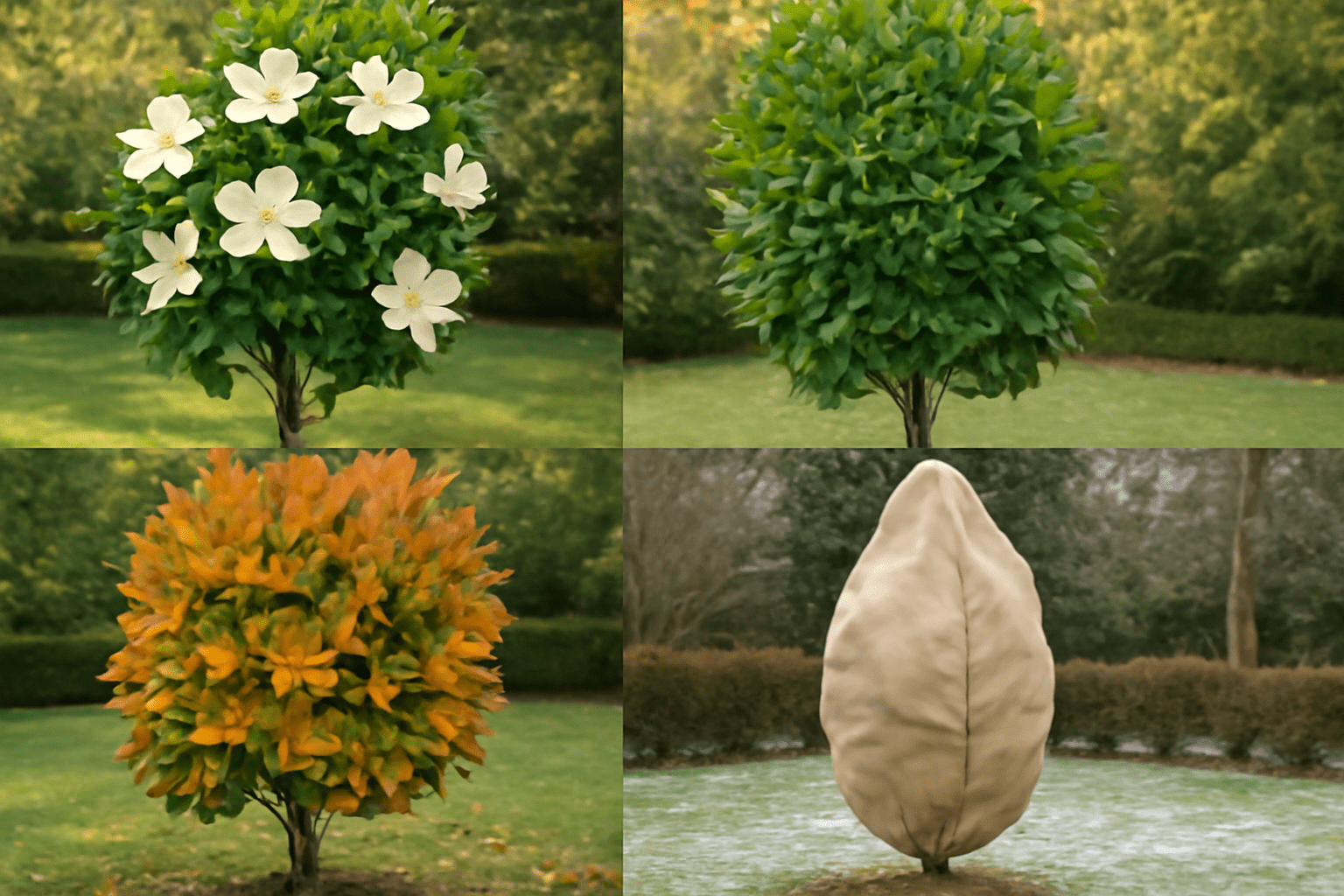 "Teddy Bear Magnolia Tree through the seasons: spring blooms, summer foliage, fall leaves, and winter protection."