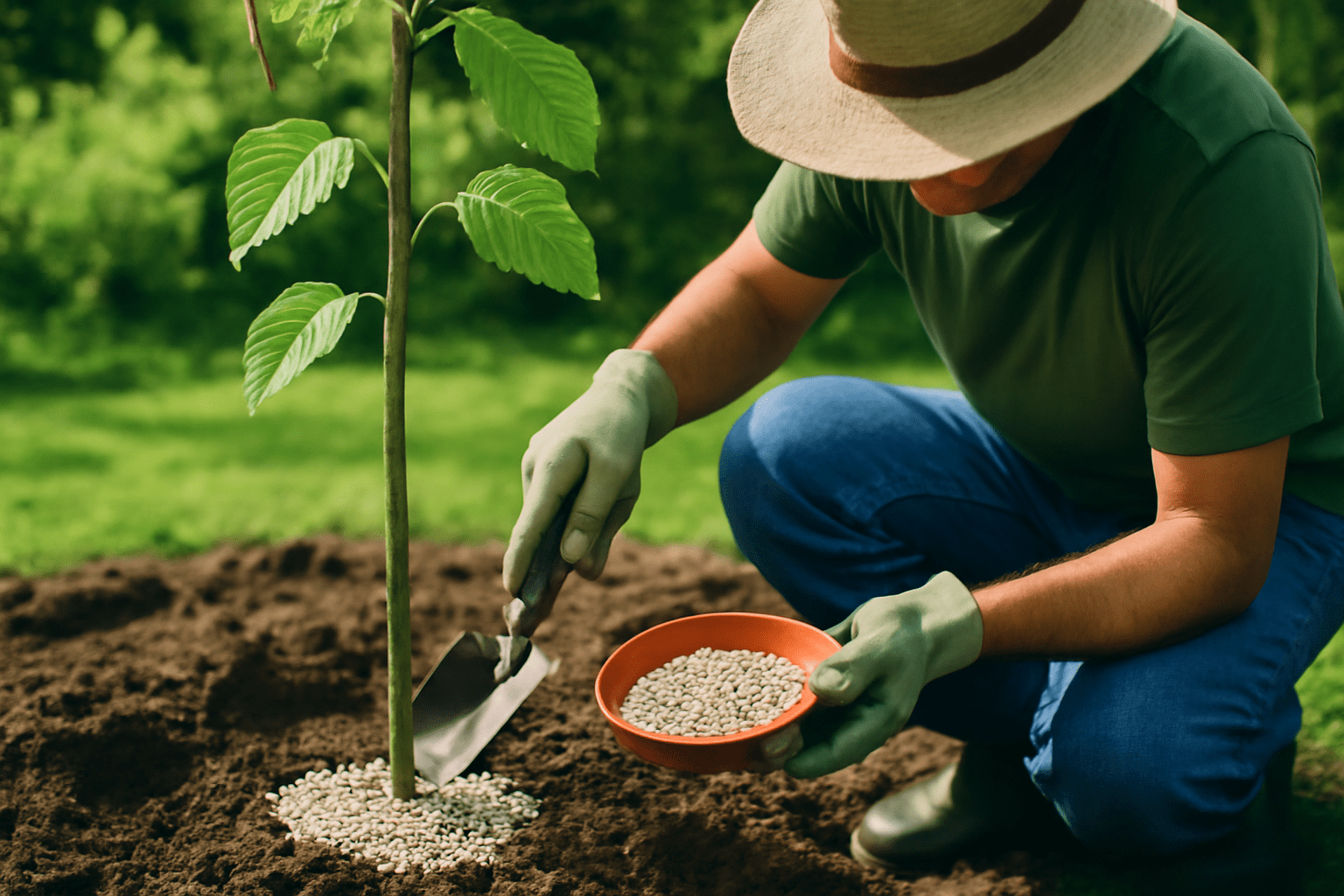 A man with a hat and gloves is carefully planting a small tree in soil.