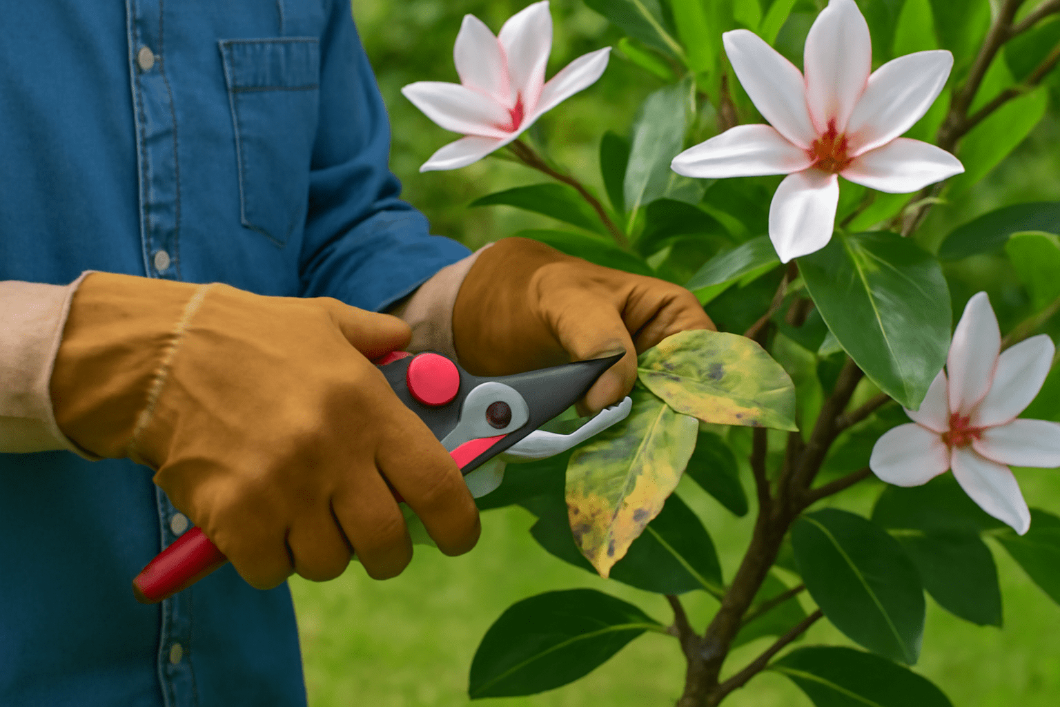 "Gardener pruning damaged magnolia tree leaves for better health."