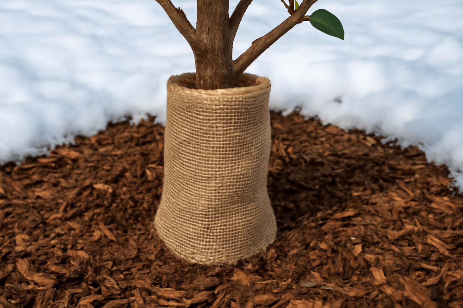 "Black tulip magnolia tree wrapped in burlap with mulch around the base for winter protection."