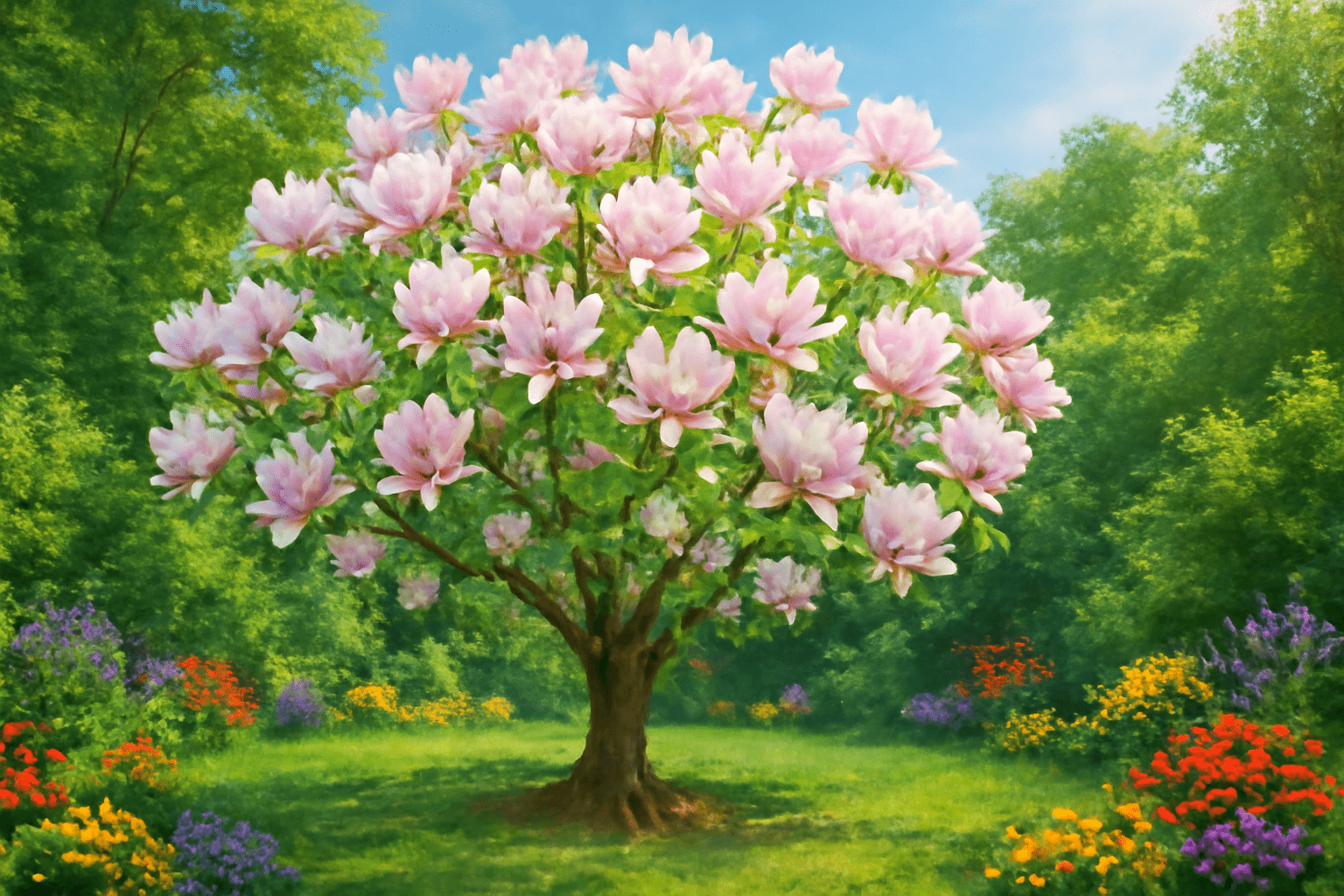 "Thriving magnolia tree in full bloom surrounded by lush garden flowers"