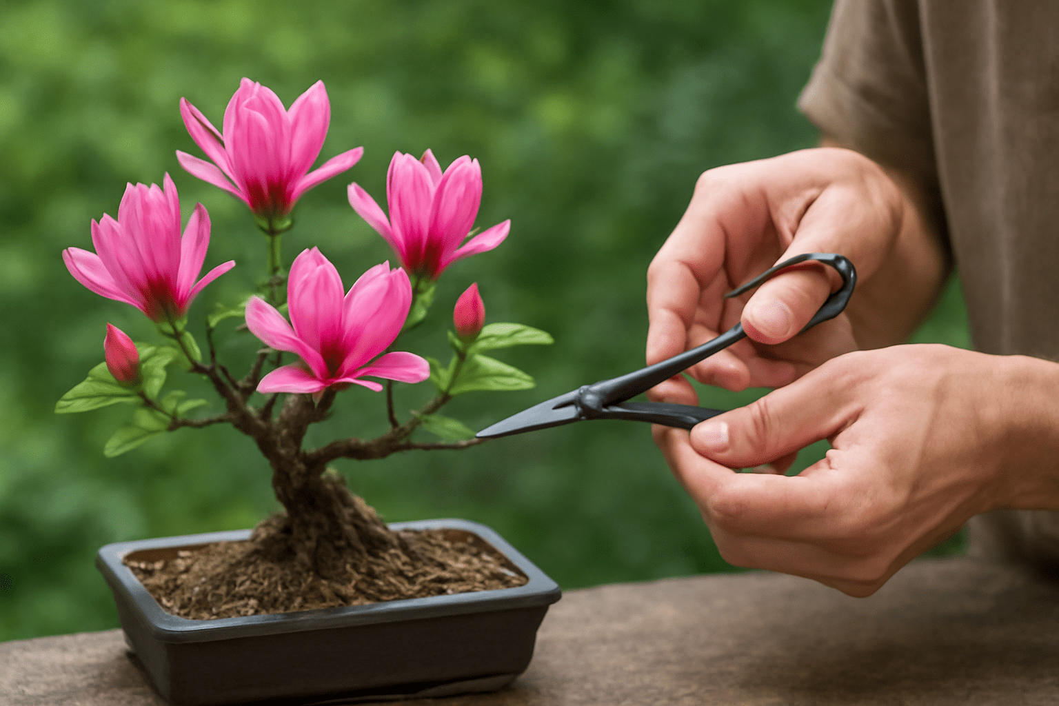 "Person pruning a Magnolia Bonsai Tree with bonsai scissors to maintain shape and health."