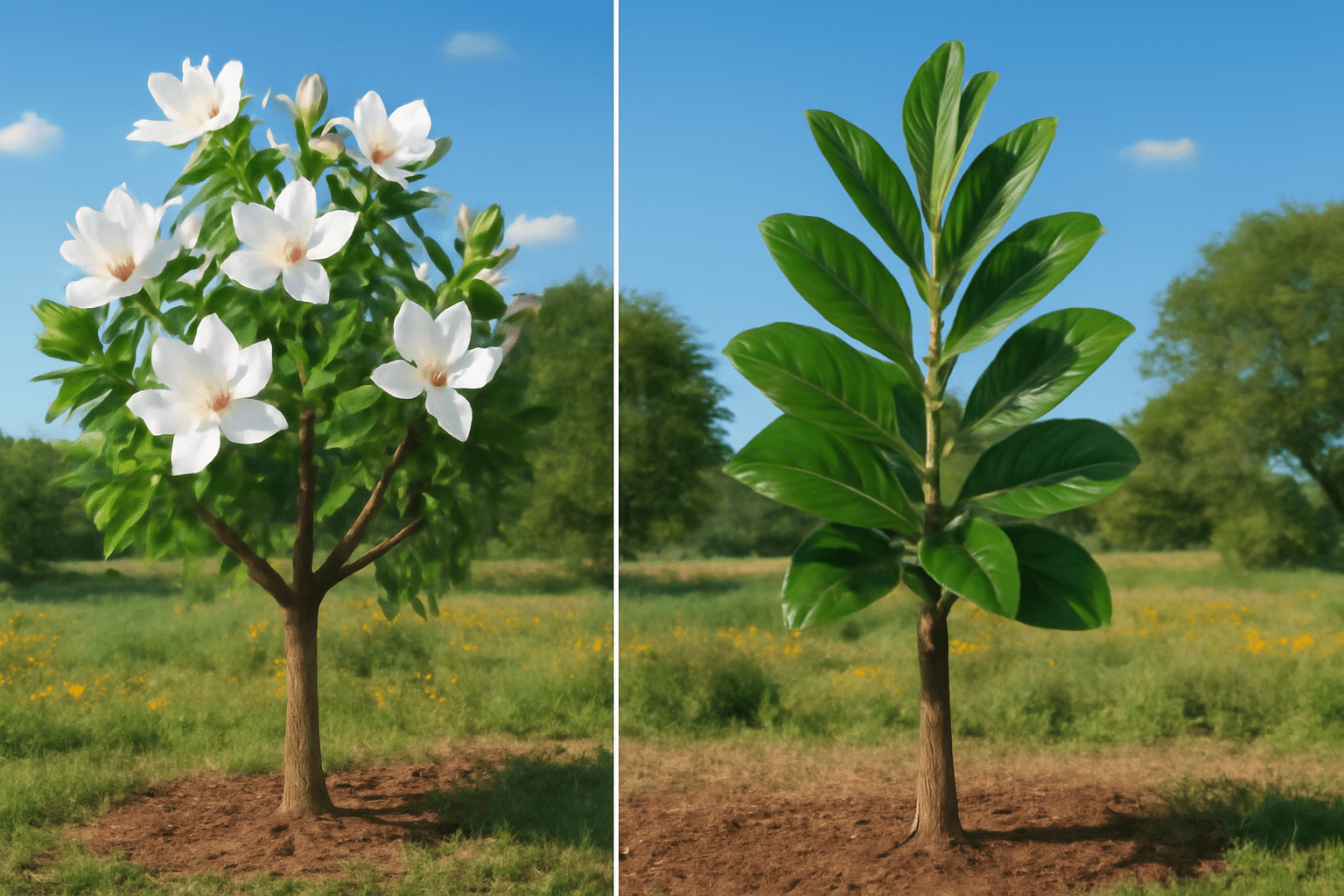 "Split image of a Magnolia tree in spring and summer, showing seasonal care for Magnolia trees in Texas."
