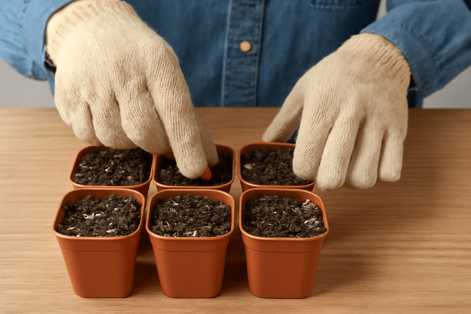 "Gardener planting magnolia seeds 1-2 inches deep in small pots with well-draining soil"