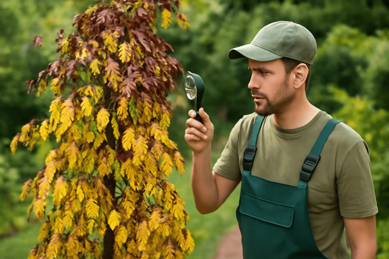 A man in green overalls and cap examines a tree with red and yellow leaves using a magnifying glass, in a lush garden setting, appearing focused.