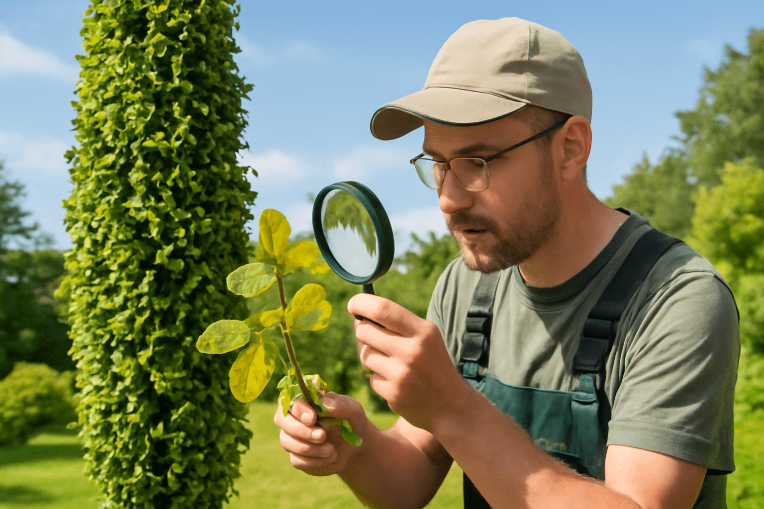 A man in a cap and glasses closely examines a plant's leaves with a magnifying glass in a sunlit garden. He wears a green shirt and overalls, appearing focused.
