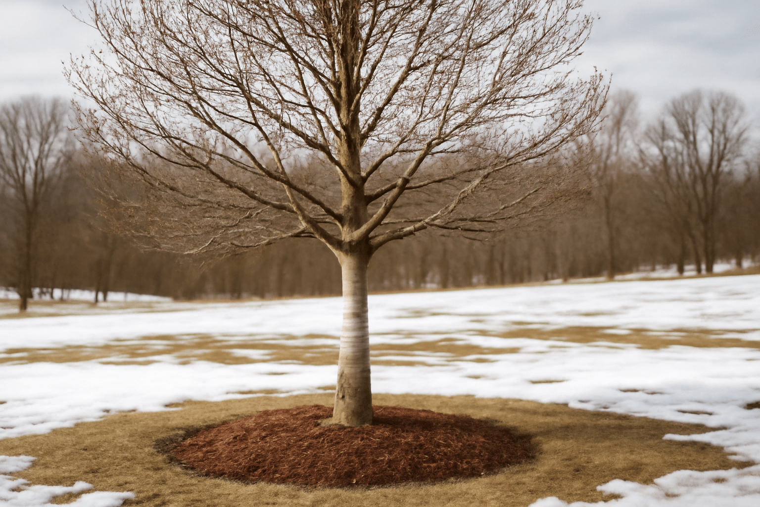 A leafless tree stands in a snowy field with patches of brown grass. Surrounding it is a circle of mulch, creating a stark, serene winter scene.