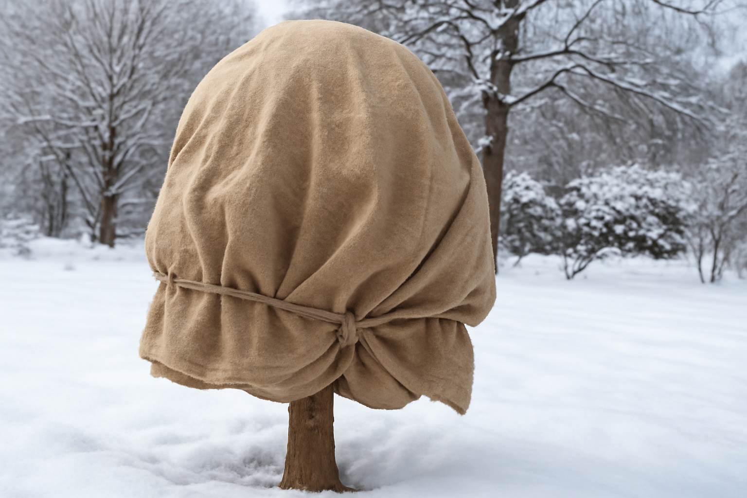 “Pecan nut tree covered with burlap in winter to protect leaves from frost damage.”