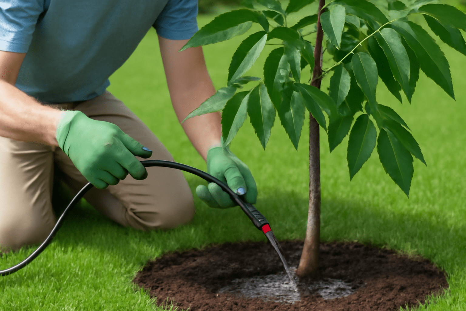 "Gardener using a drip irrigation system to deeply water a pecan tree, ensuring proper hydration for nut development."