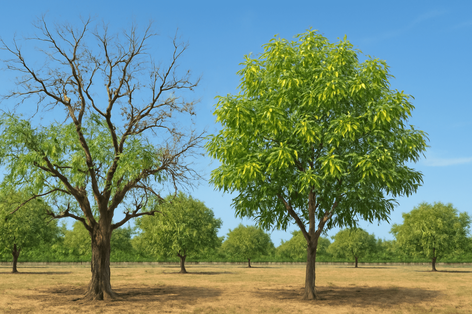 "Aging pecan tree showing reduced production and weaker branches."
