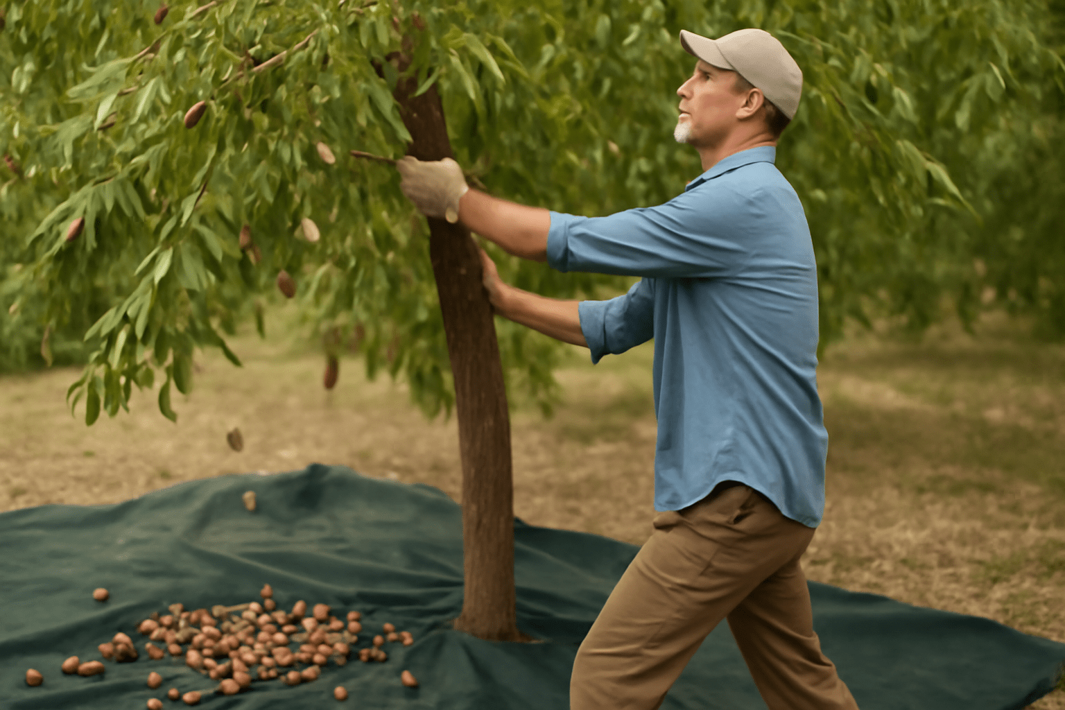 "Harvesting paper shell pecans by shaking the tree with fallen nuts collected on a tarp"
