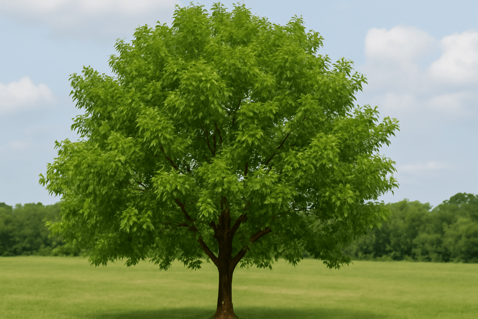 "Well-established bare root pecan tree with healthy growth, thriving in a sunny orchard."