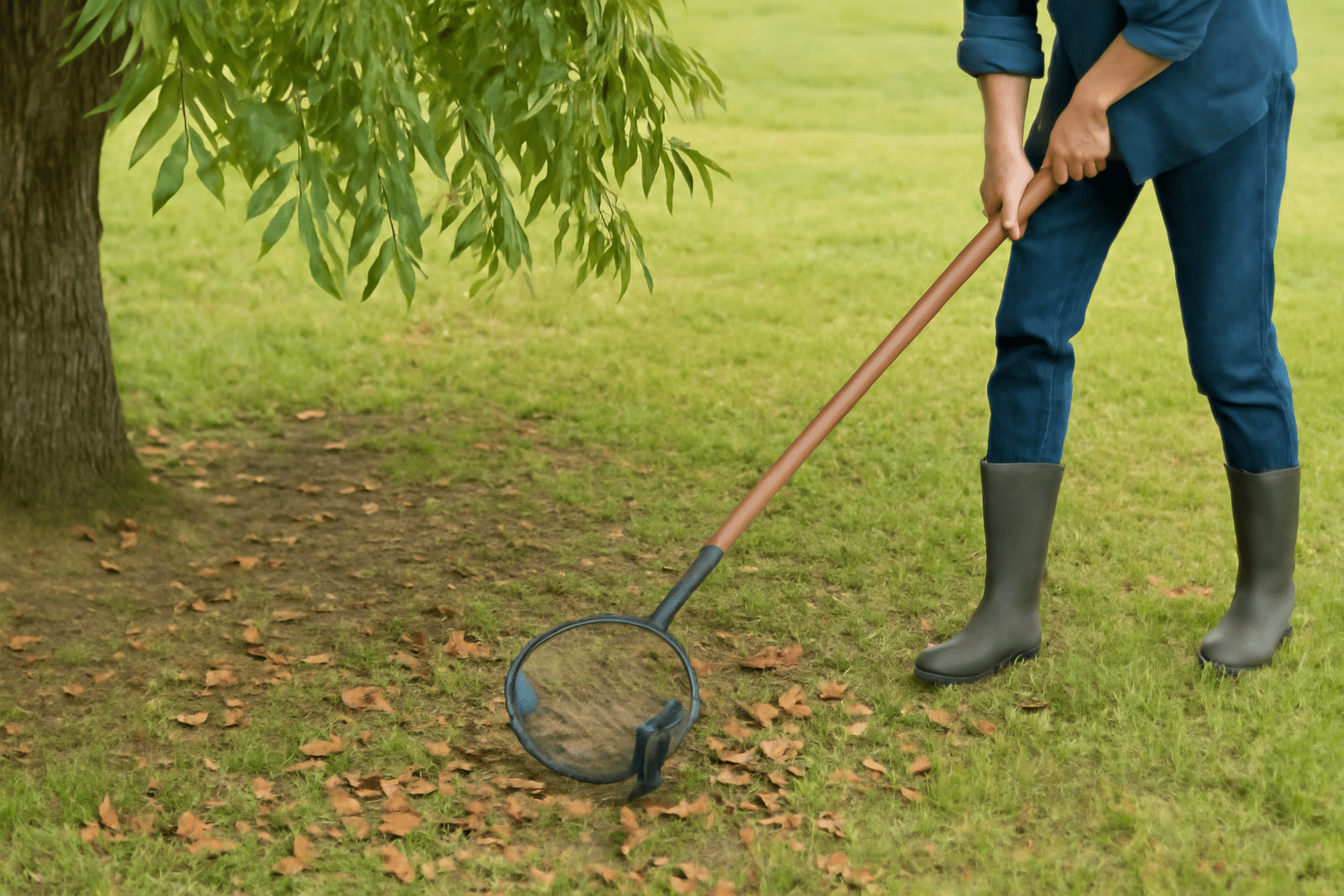 "Person harvesting pecans from a mature tree, using a nut gatherer or shaking the branches for easy collection."