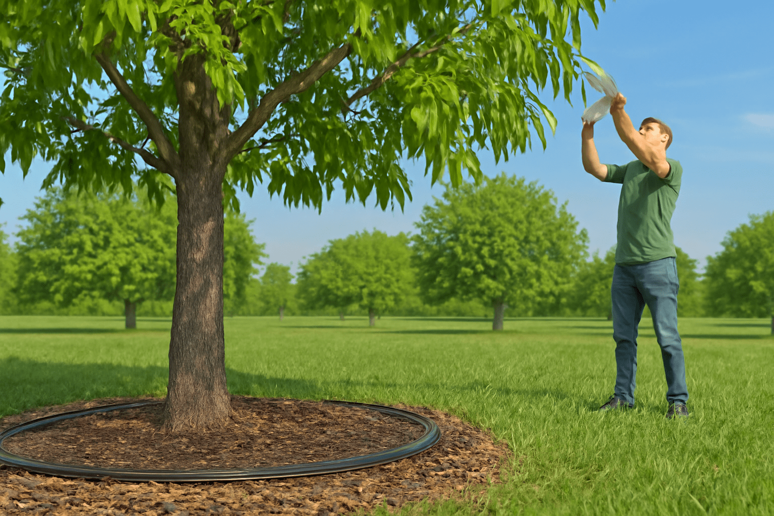 "Pecan tree with soaker hose and mulch, showing watering and care tips beyond how to fertilize pecan trees."