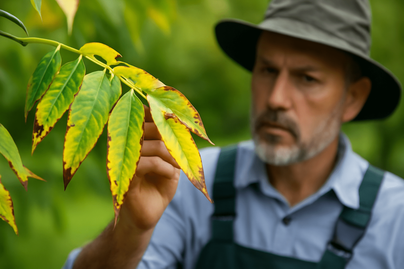 "Close-up of yellowing pecan tree leaves showing signs of stress, possibly due to nutrient deficiency or pests."