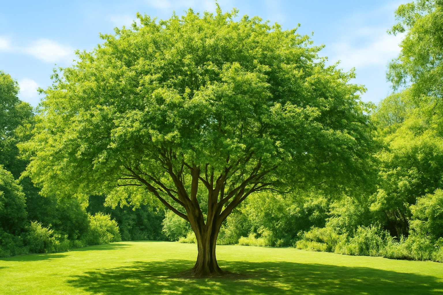 A majestic tree rises in a verdant field, with abundant green grass stretching out beneath it.