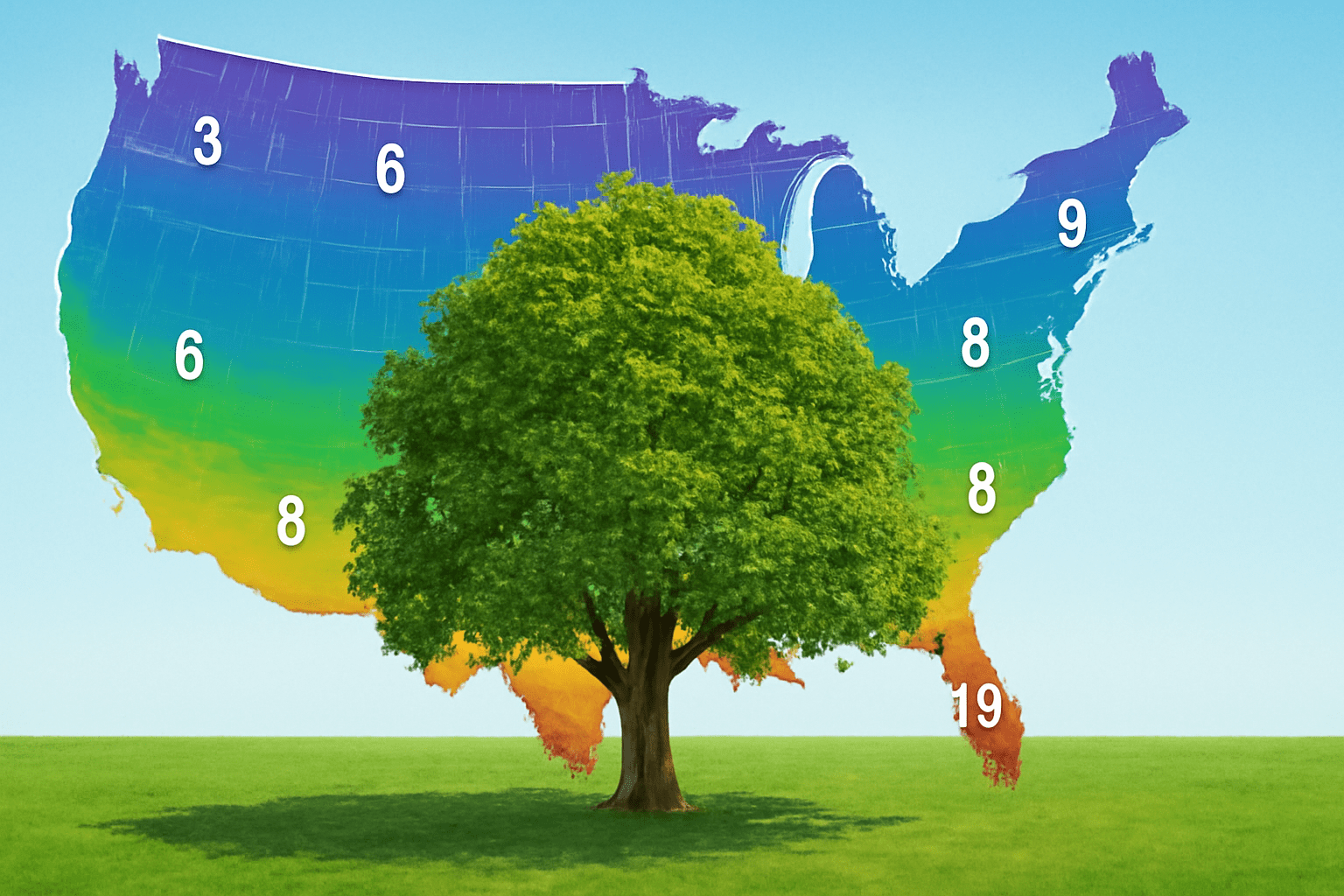 "A climate zone map with areas marked in different colors, and a walnut tree in the foreground representing a specific zone."