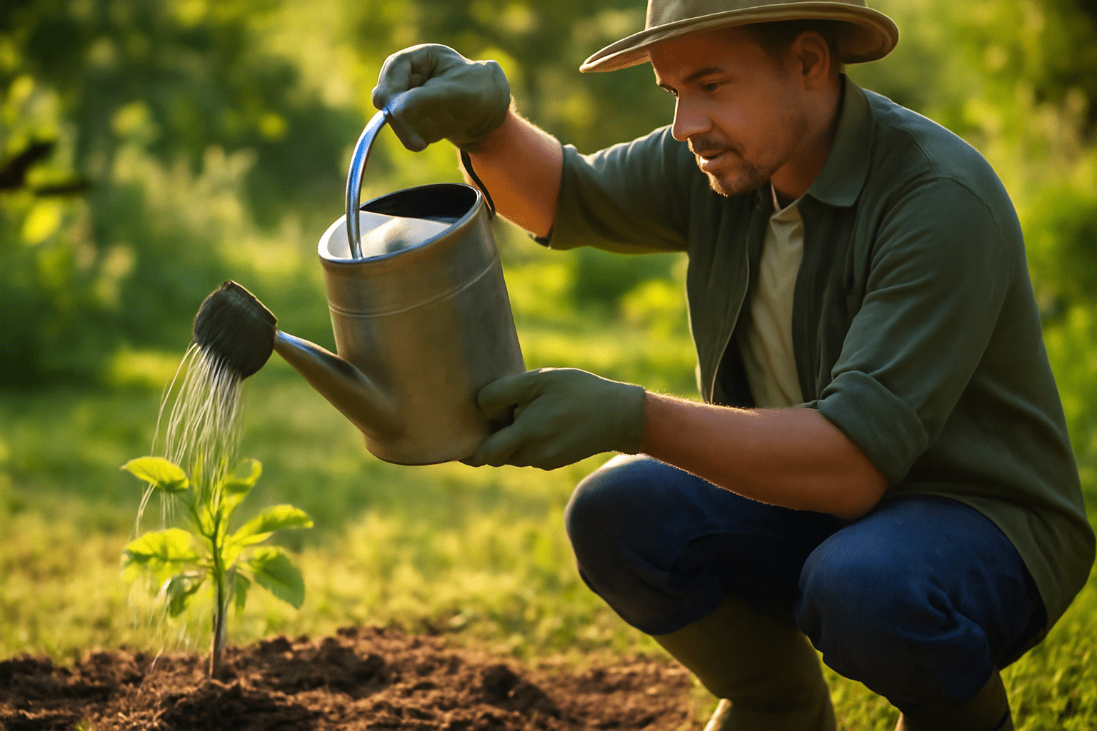 "A gardener gently watering a young black walnut tree seedling with a watering can in a sunny garden, emphasizing the importance of care."