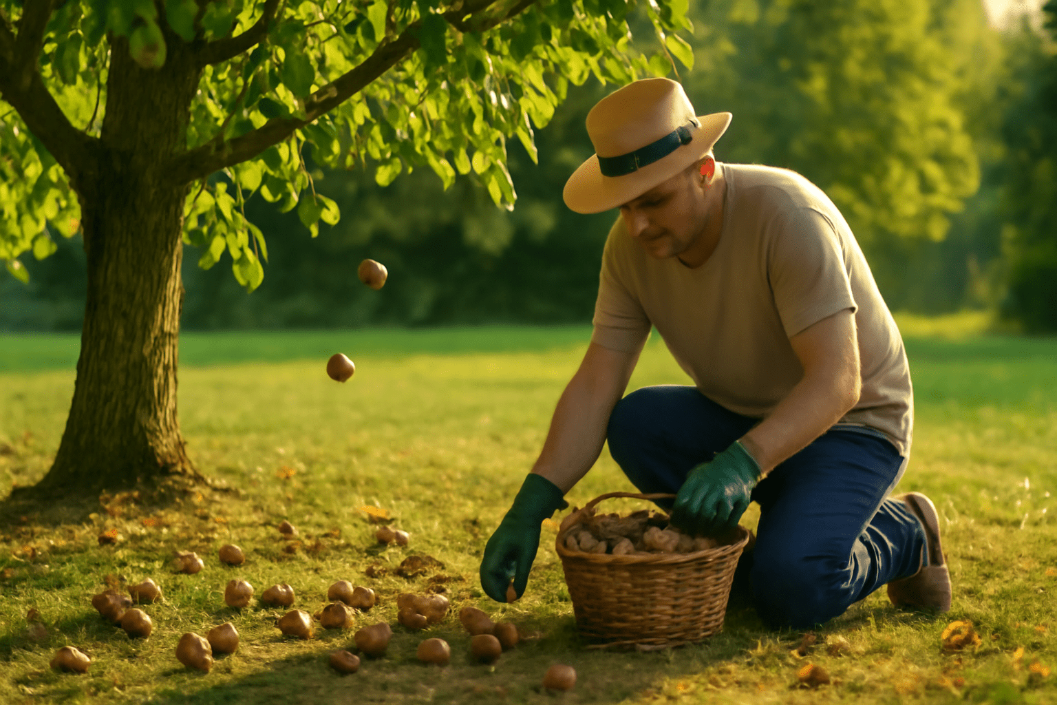 "Gardener collecting ripe walnuts from the ground in a basket, under a mature walnut tree in late summer or fall."