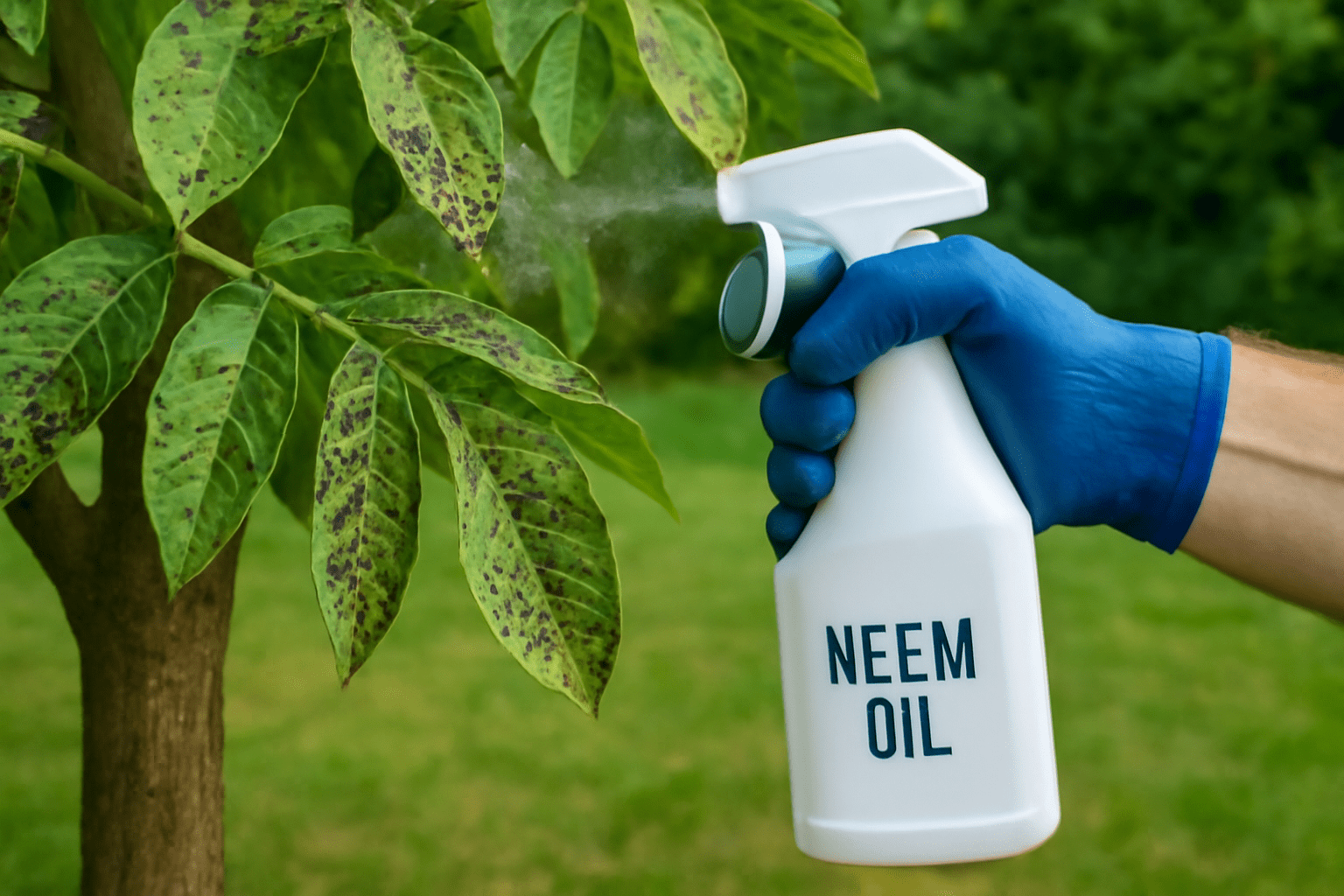 "Walnut tree with aphid damage on the leaves, and a gardener applying neem oil for pest control."
