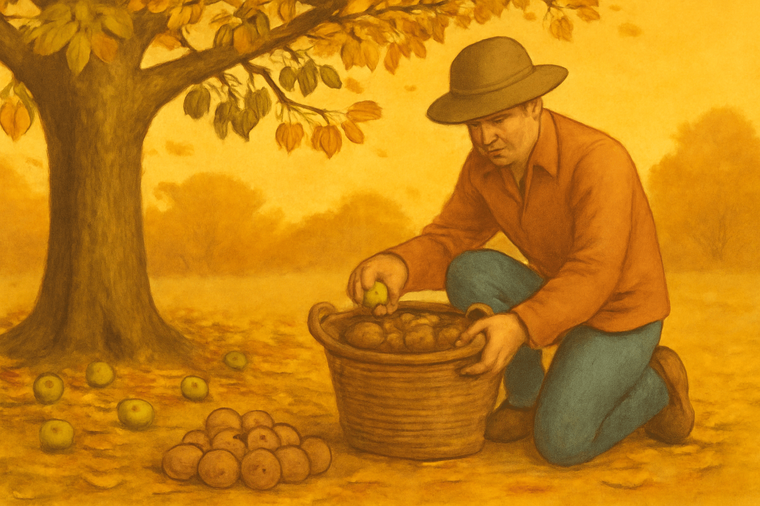 "Chandler walnut harvest with gardener collecting nuts in basket and drying pile, showing yield maximization."