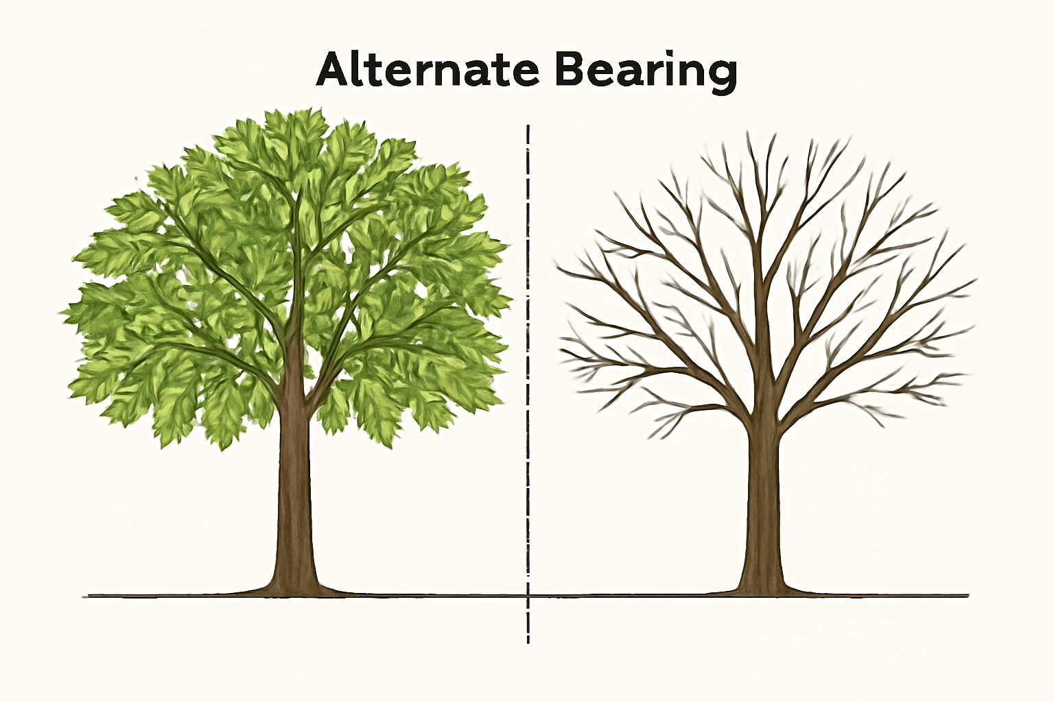 "Split image showing a walnut tree with a full harvest on one side and a bare tree on the other, emphasizing alternate bearing."