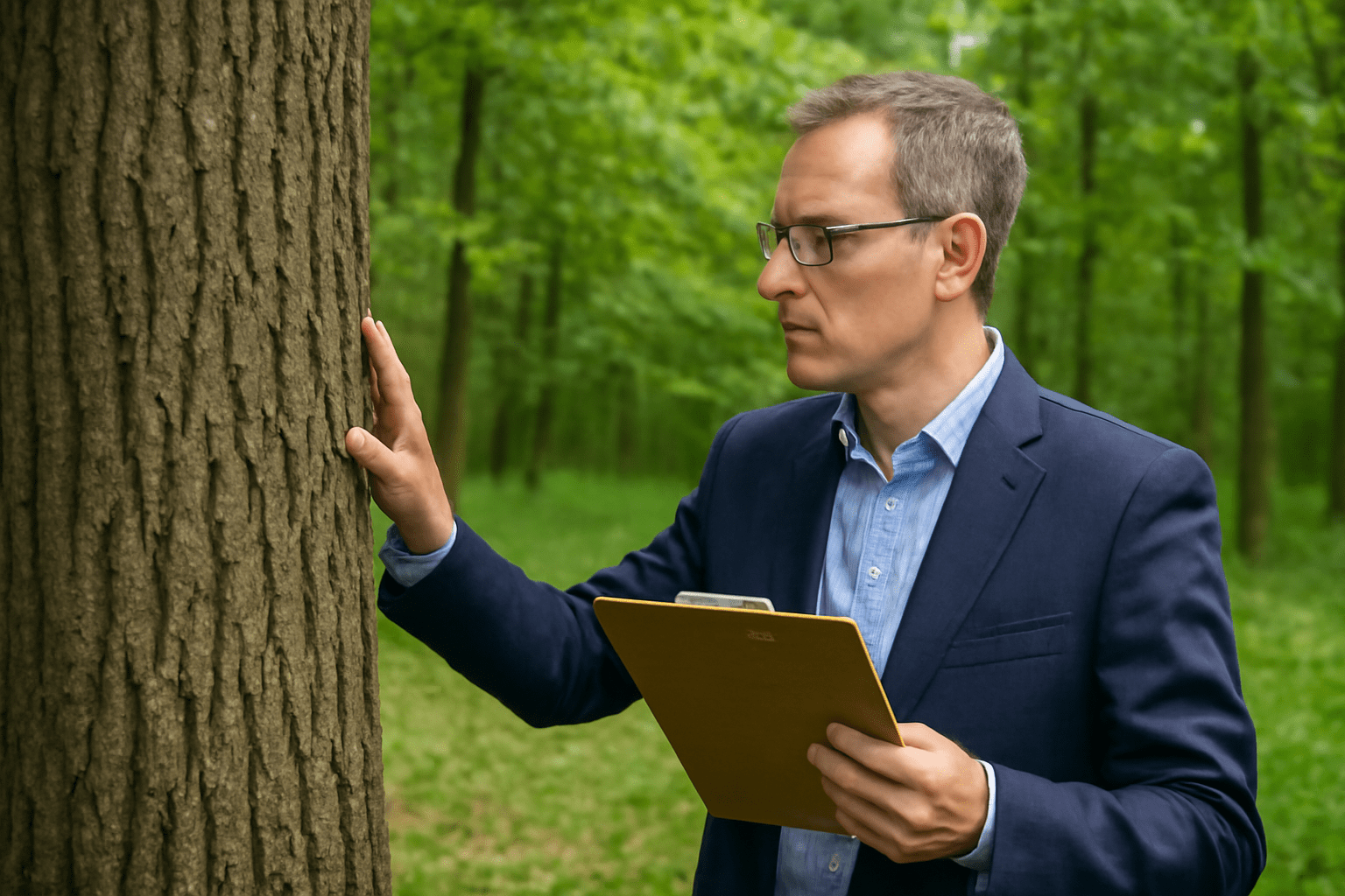 “Timber buyer assessing a black walnut tree with a clipboard for valuation.”