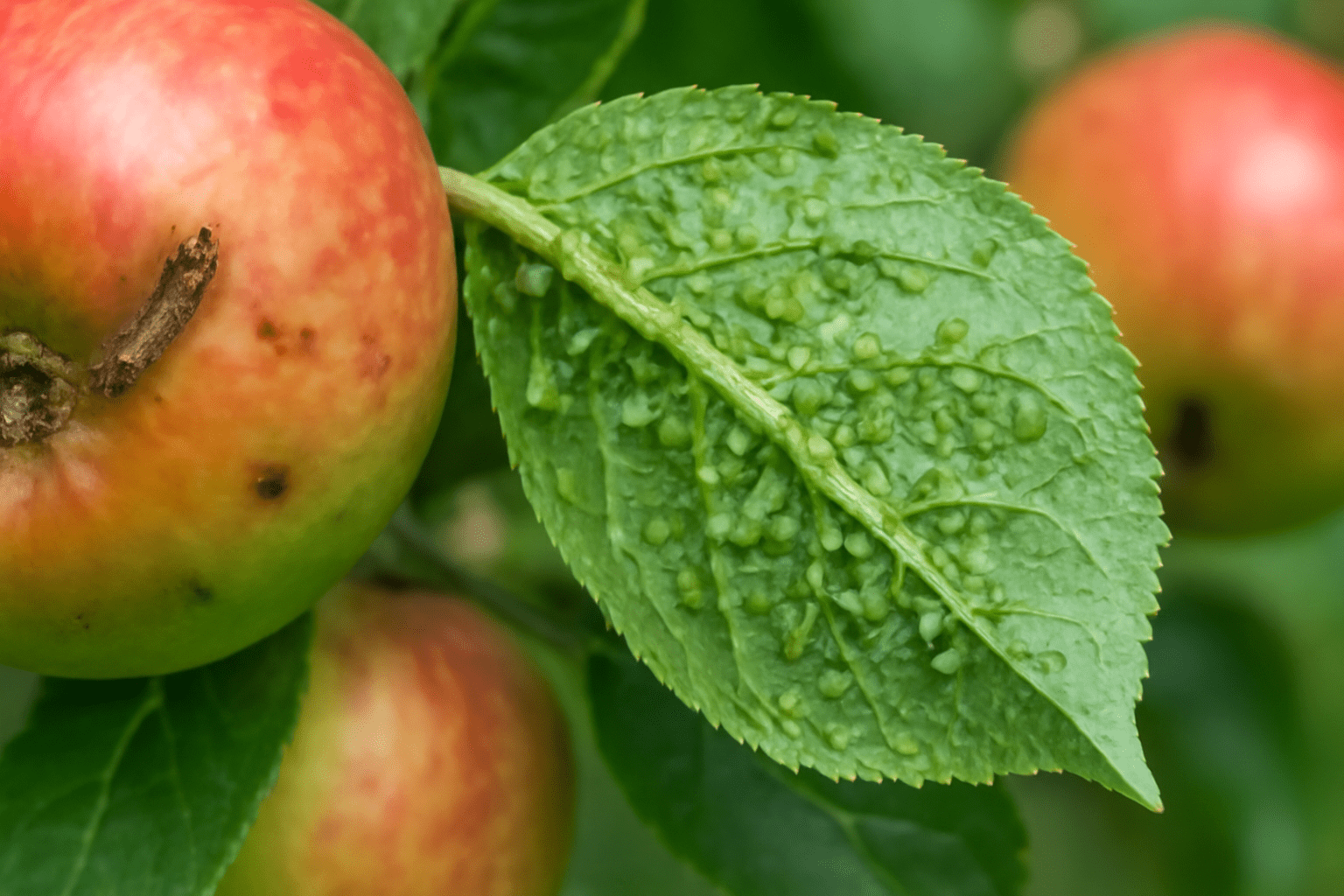"Close-up of aphids on the leaves of a dwarf apple tree, highlighting common pests and the need for pest control."