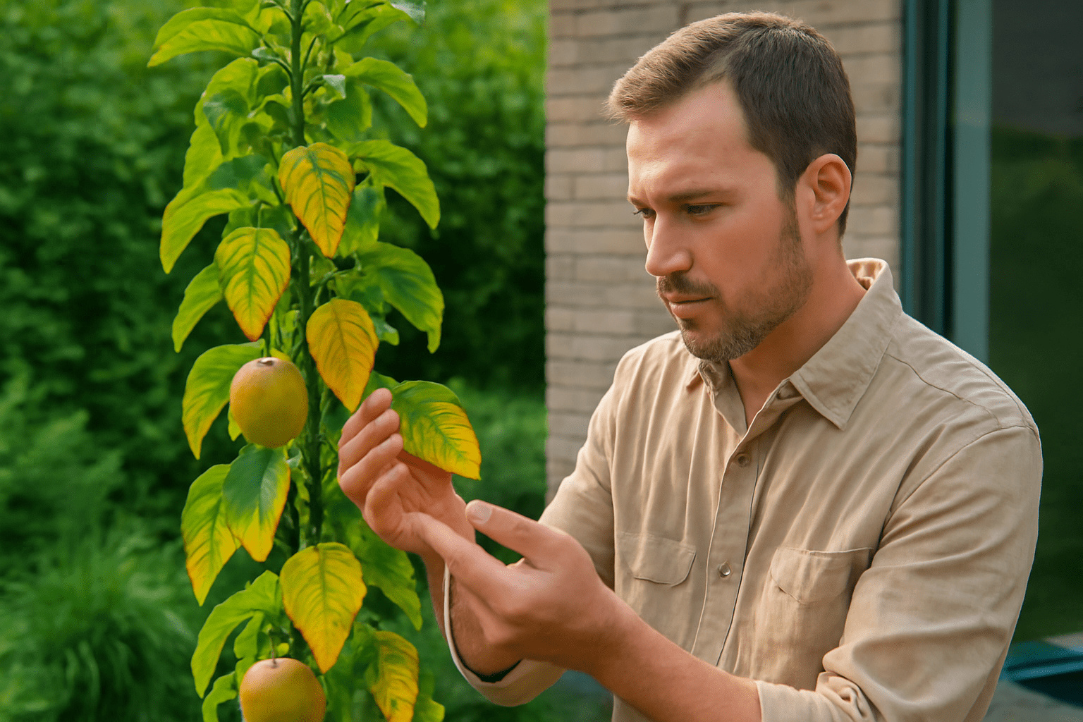 "Gardener inspecting yellowing leaves on a columnar apple tree, addressing care issues."