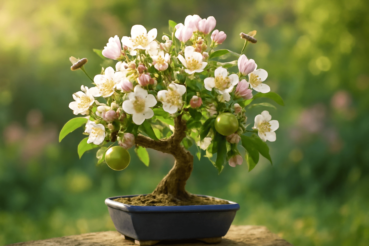 "Bonsai apple tree in bloom with small fruits forming and bees for pollination."