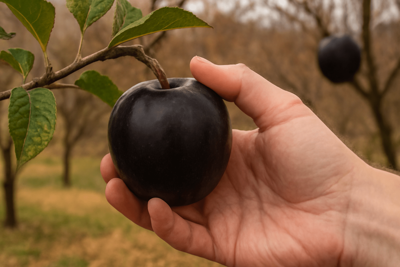 "Gently picking a ripe Arkansas Black apple from the tree, showcasing the proper harvesting technique."