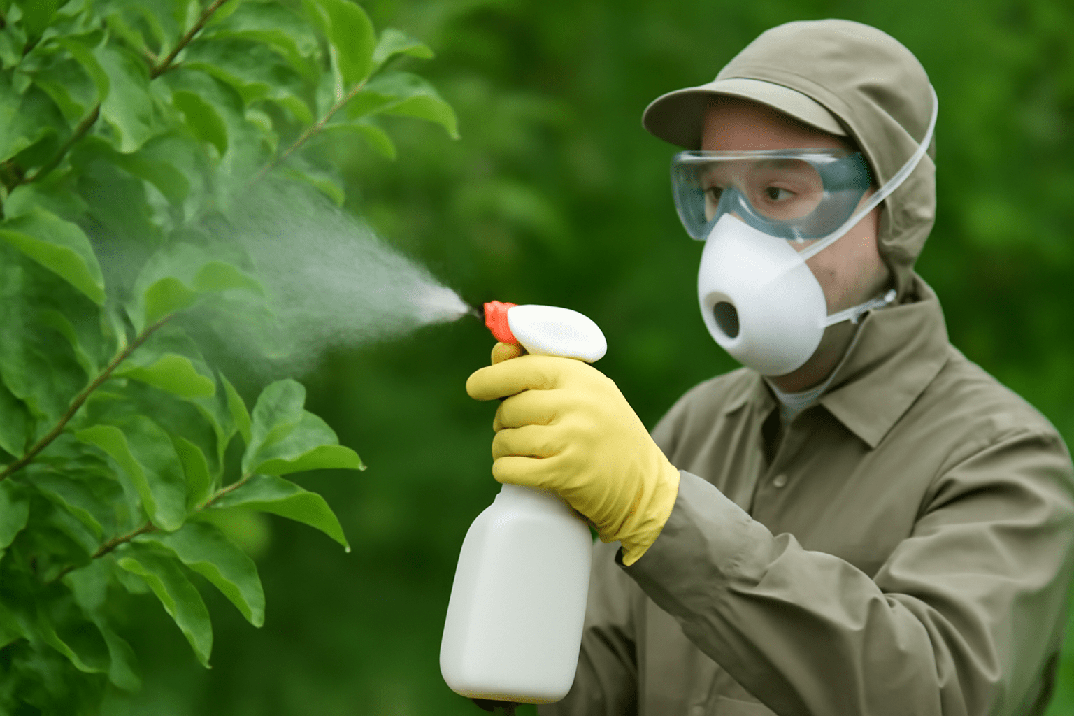 "Gardener wearing protective gear and applying apple tree spray carefully to ensure effective coverage."