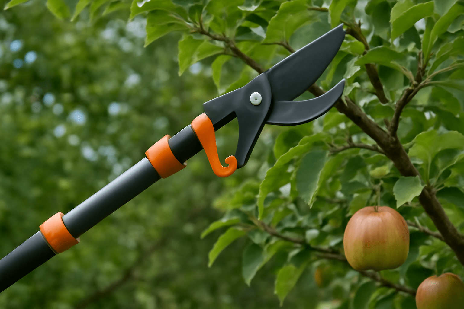 "Pole pruner used to trim high branches of an apple tree, extending safely without a ladder."