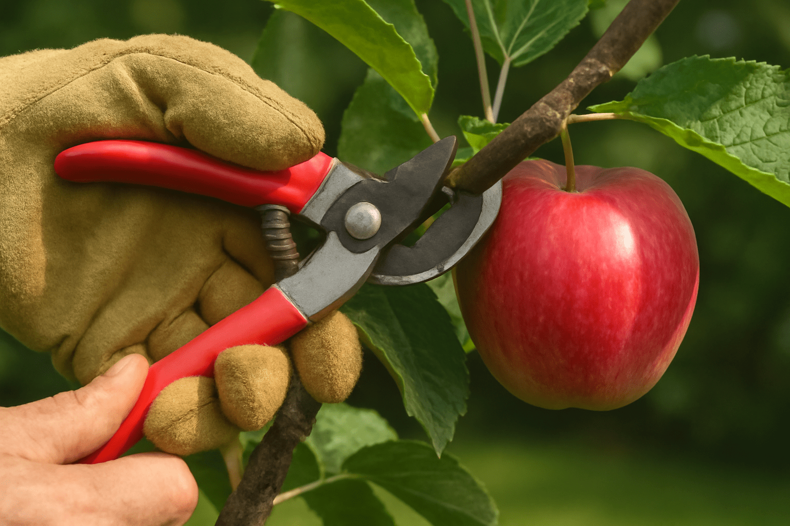 "Pruning McIntosh apple tree with shears for healthy growth."