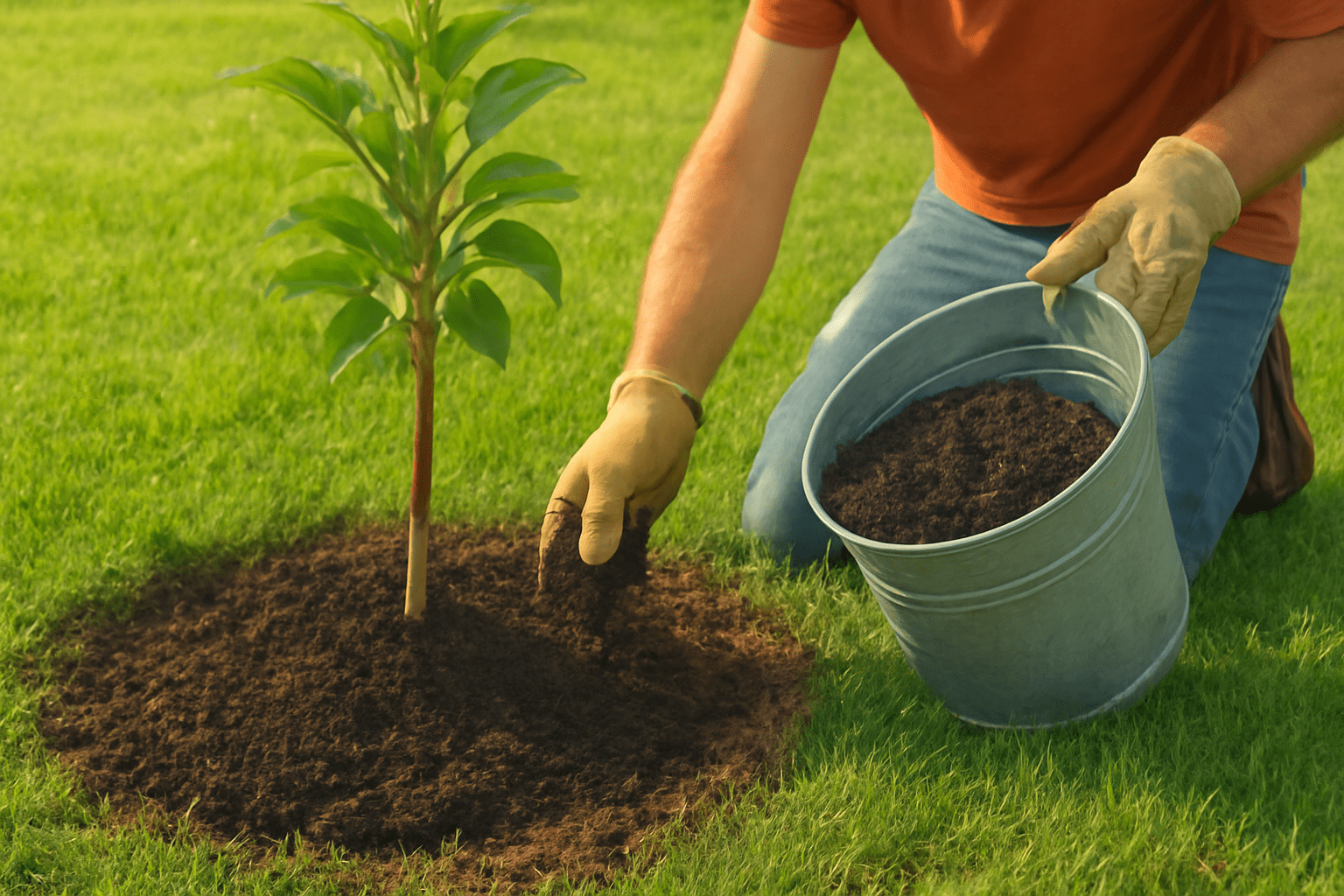 "Applying organic compost around a paradise apple tree for better nutrient absorption."