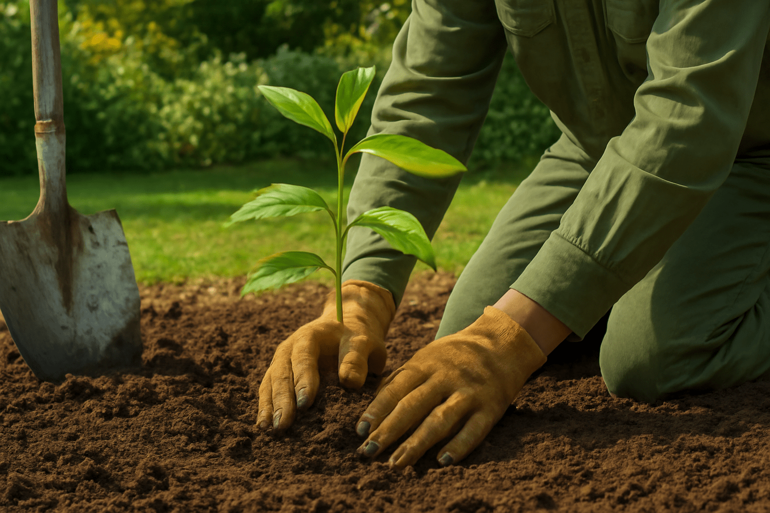"A gardener transplanting a young hickory tree into well-prepared soil in a sunny garden spot."