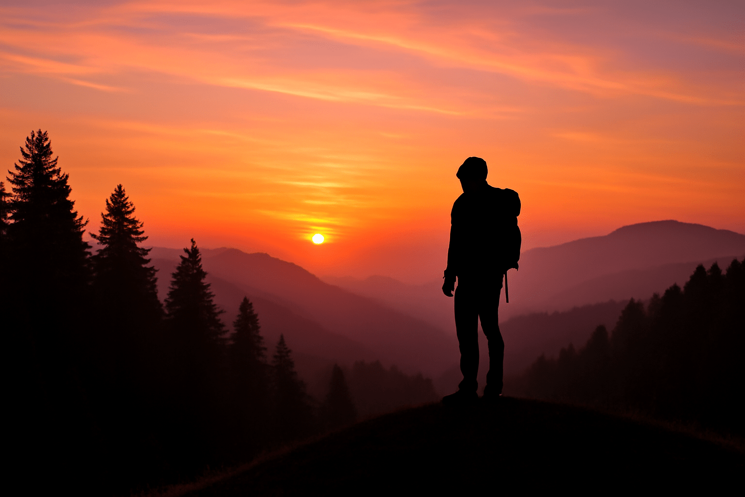 Silhouette of a person with a backpack standing on a hill, gazing at a vibrant orange and pink sunset over layered mountains and trees, conveying tranquility.