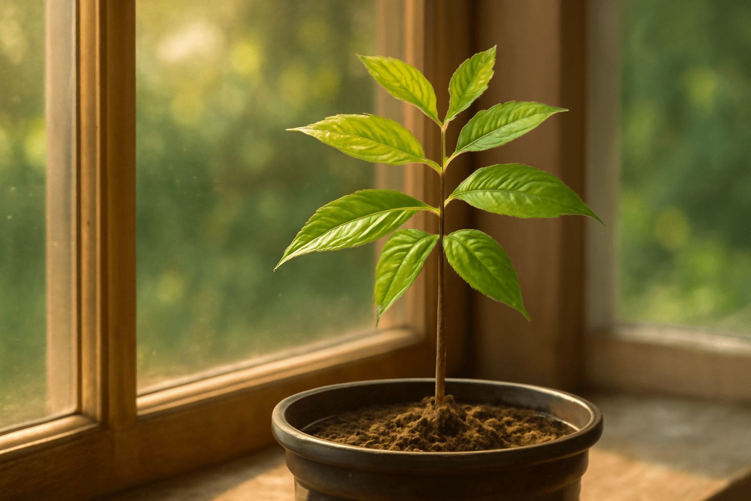 “Young hickory seedling growing in a pot, bathed in sunlight for healthy growth.”