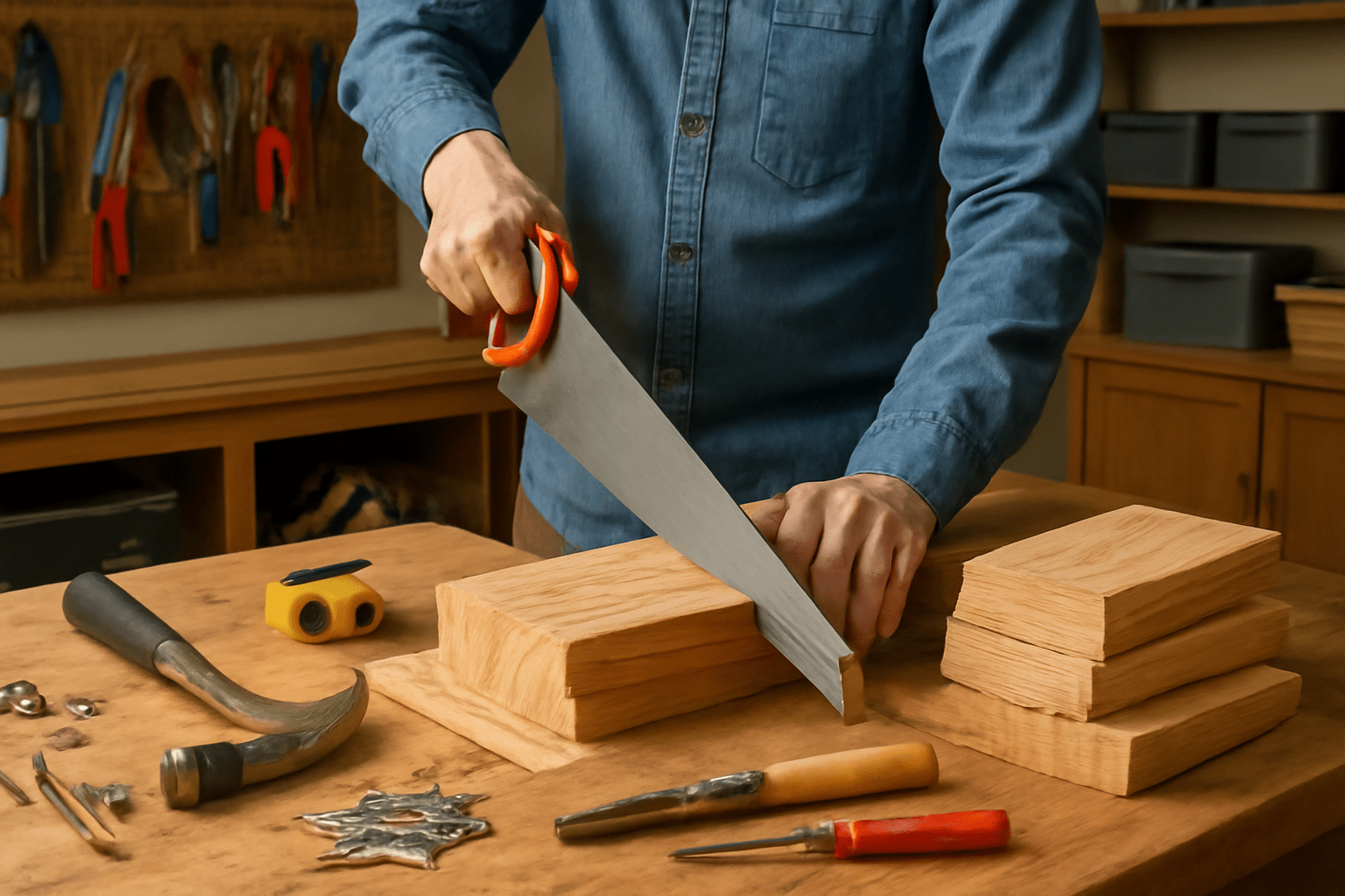 "Private buyer crafting with hickory wood for a DIY project."