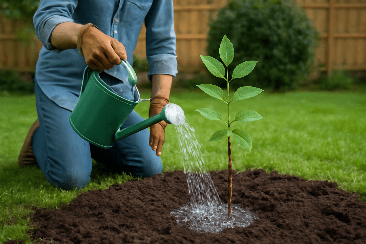 "Gardener watering a young hickory tree in a backyard with well-drained soil."