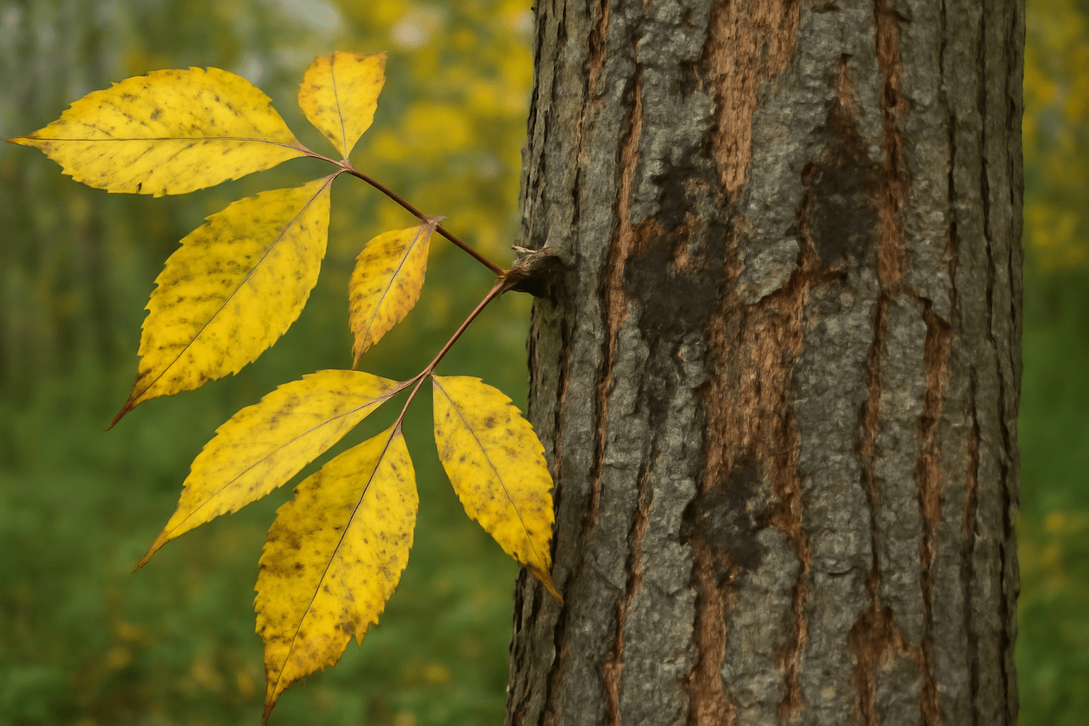 "Old hickory tree showing signs of hickory dieback, with yellowing leaves and sunken bark."