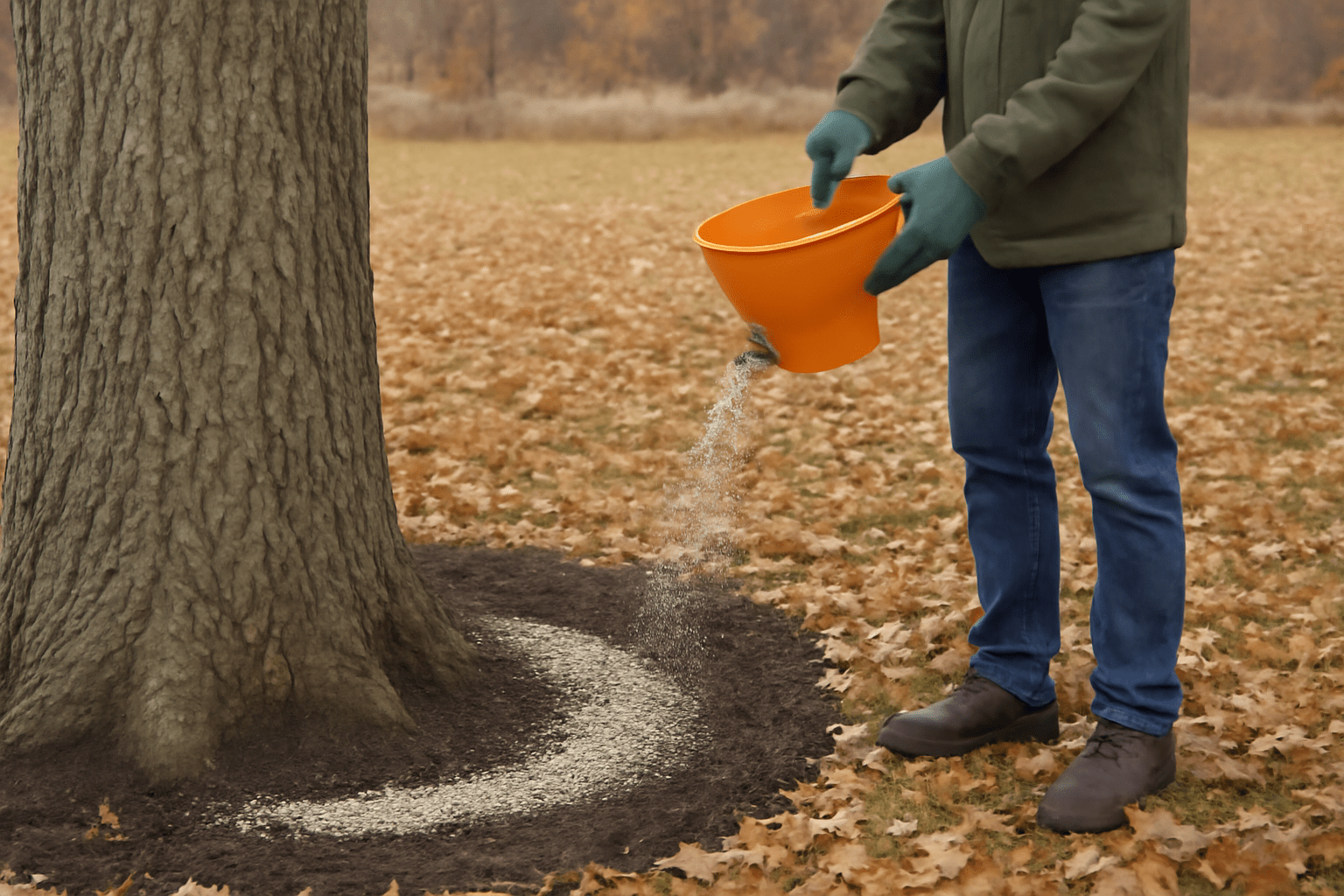 "Gardener applying slow-release fertilizer around the base of a hickory tree."