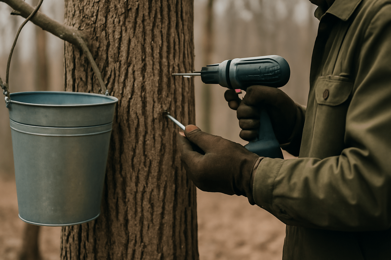 "Drilling a hole into a hickory tree to tap it for syrup."