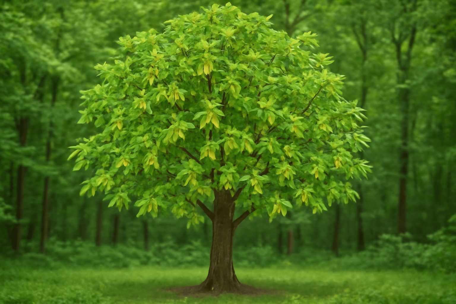 "Healthy mature hickory tree showing healthy leaves and flowers."