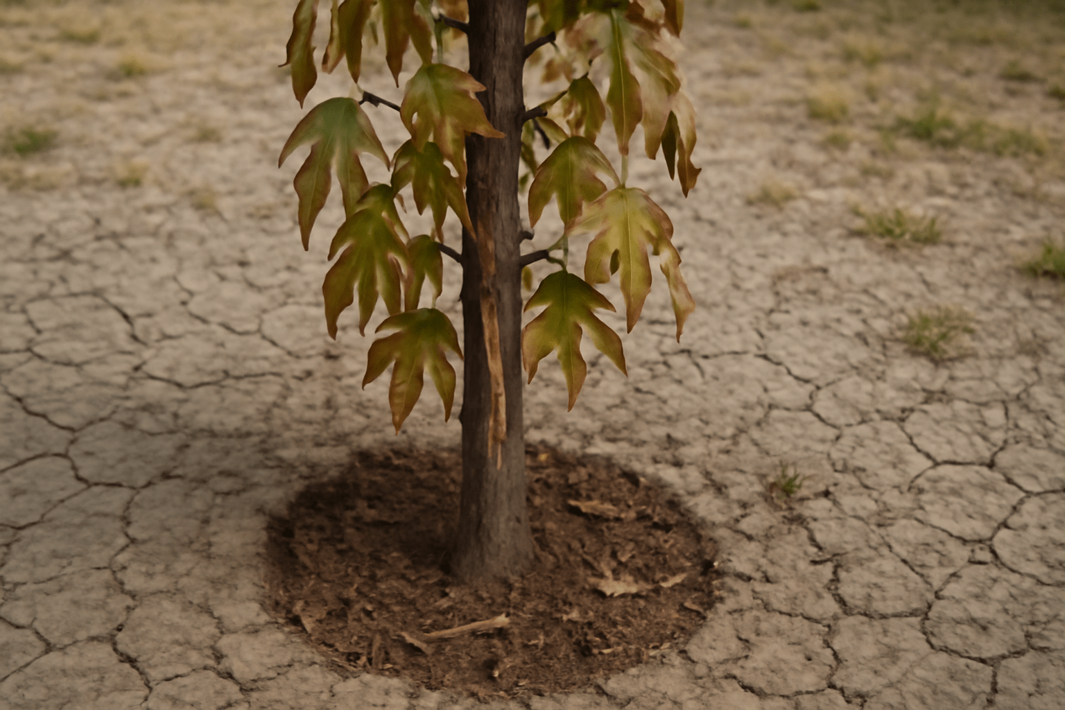 "Liquidambar Slender Silhouette Sweetgum Tree showing signs of stress, including damage from pests and dry soil."