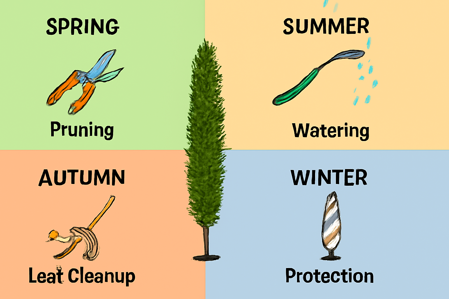 Seasonal care guide for columnar sweetgum trees showing tasks for each season.