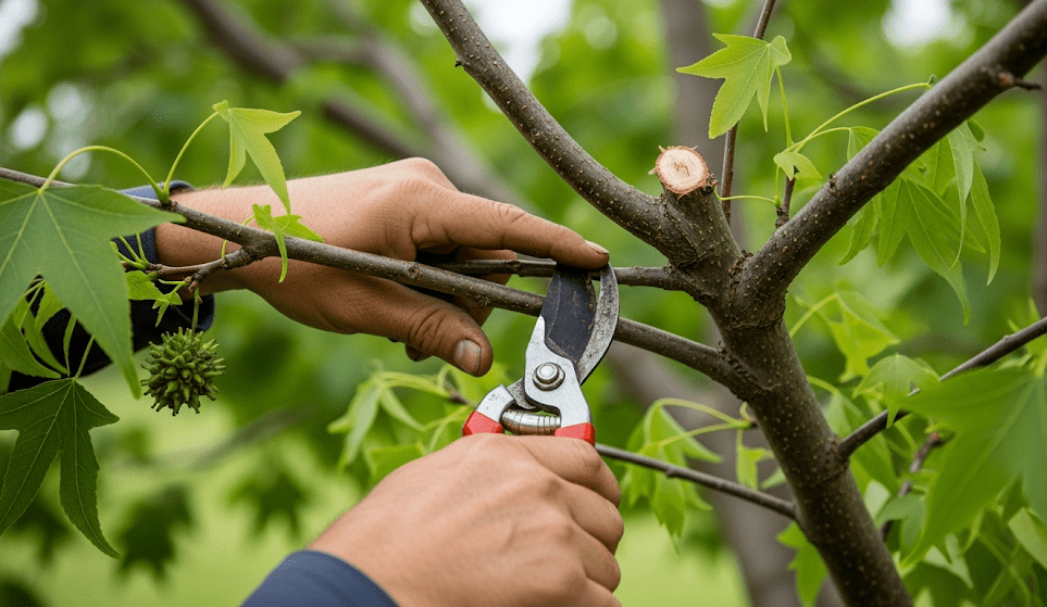 Gardener pruning a sweetgum tree in early spring to maintain its health and minimize seed ball production.