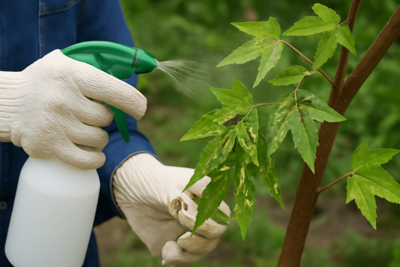 "Aphids on Chinese Sweetgum leaves being treated with neem oil by a gardener."